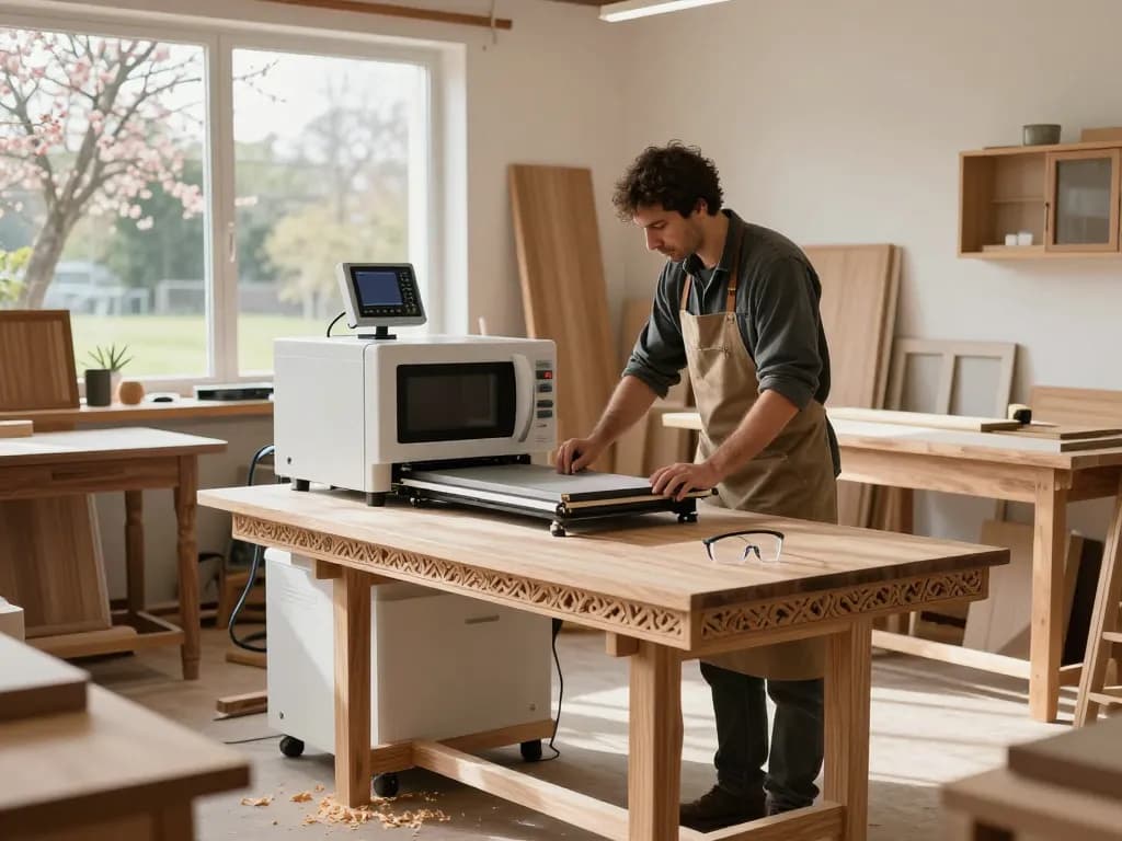 trattamento microonde antitarlo in un laboratorio di lavorazione del legno con artigiano esperto che utilizza attrezzature high-tech