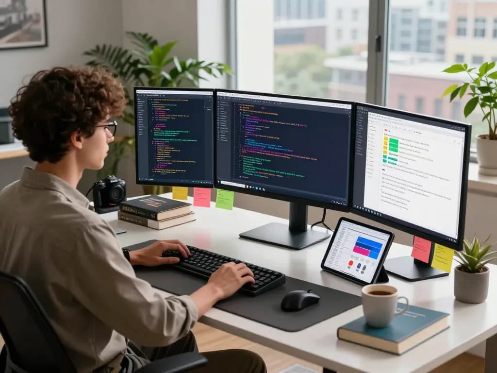Developer utilizing Clawdbot AI at a modern workspace with multiple monitors and coding projects visible.