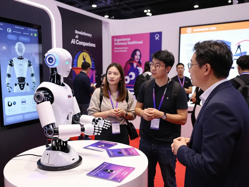 Interactive sex bot demonstration at a technology expo showcasing intimate AI companionship innovations.
