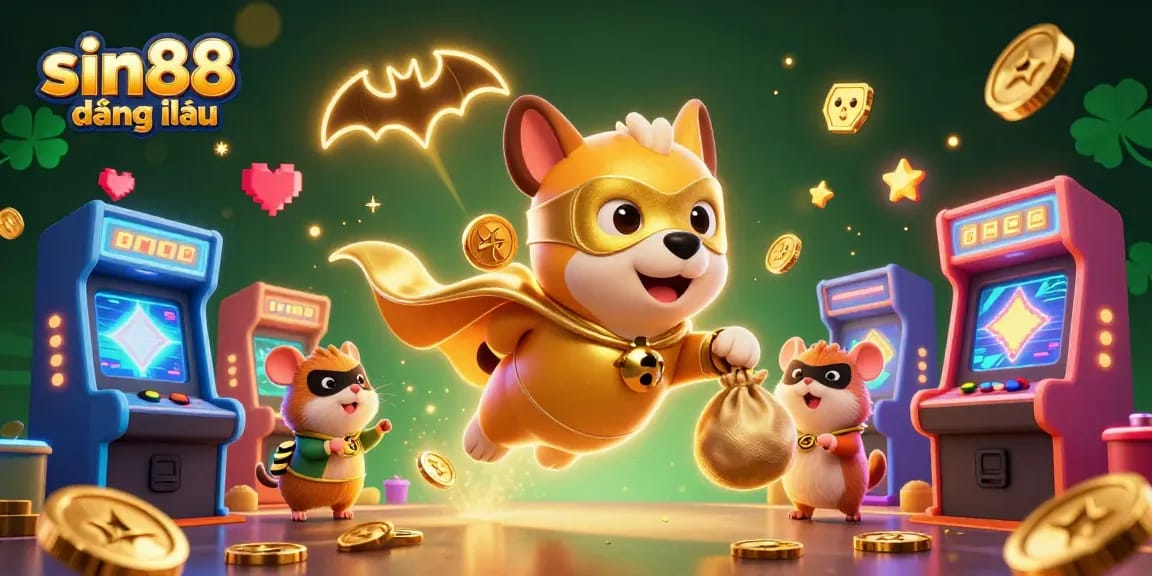 Engage with sin88 đăng nhập in a vibrant 3D cartoon casino scene featuring a flying superhero dog and colorful game elements.