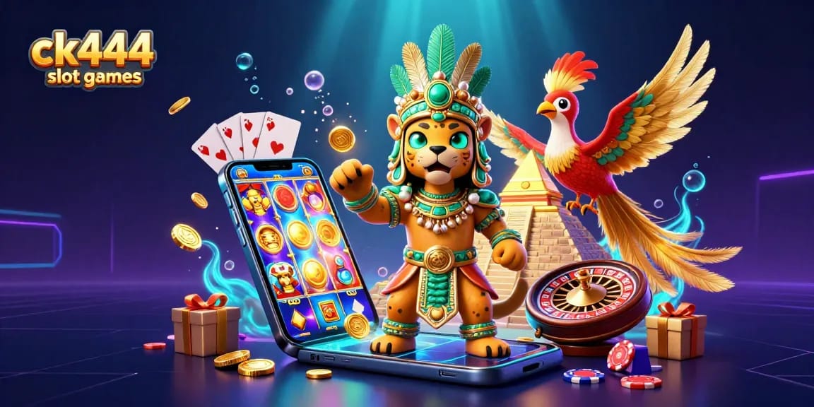 Spin to win with ck444 slot games, featuring a Mayan priest with gold accents among dynamic casino elements.
