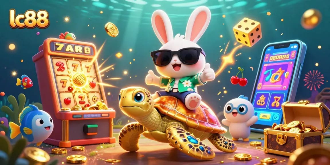 Experience the excitement at lc88 with a lucky rabbit and golden sea turtle in a vibrant casino scene.