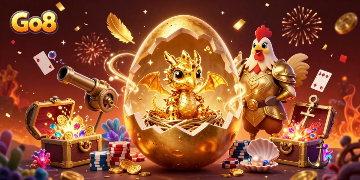 Engage with Go8's thrilling online casino experience featuring golden dragons and poker chips.