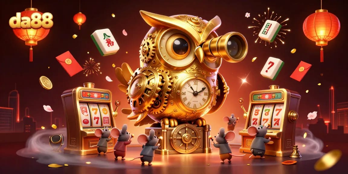 Engage with da88's lively casino atmosphere featuring a vibrant owl and mouse patrons among slot machines.