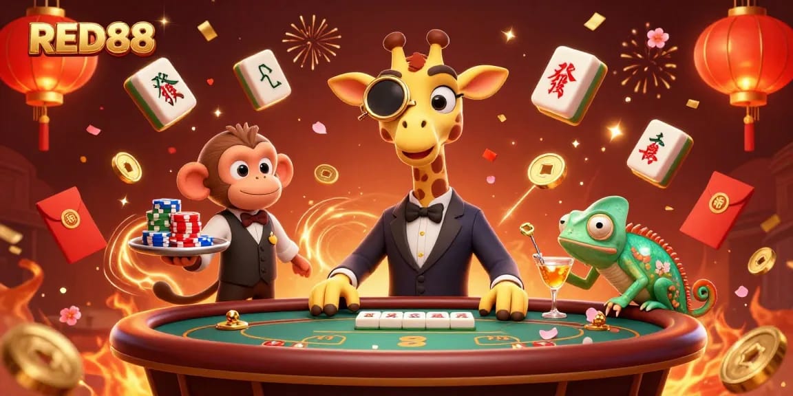 Engage with RED88's vibrant casino scene featuring colorful characters, luxurious gameplay, and festive elements.