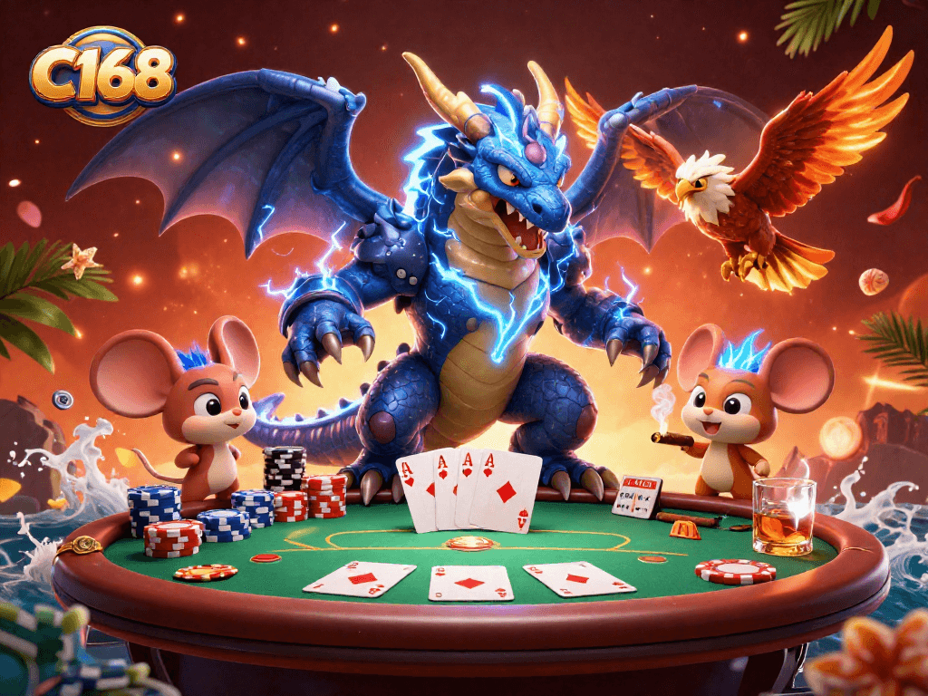 C168 engages players with exciting poker action, vibrant colorful chips, and thrilling casino atmosphere.