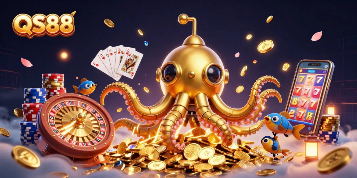 Experience thrilling gaming at QS88 with a golden kraken submarine surrounded by coins and dynamic casino elements.