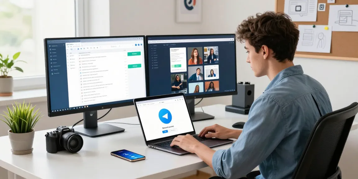Using the Telegram web version on a modern workspace, with multiple screens and tech gadgets.