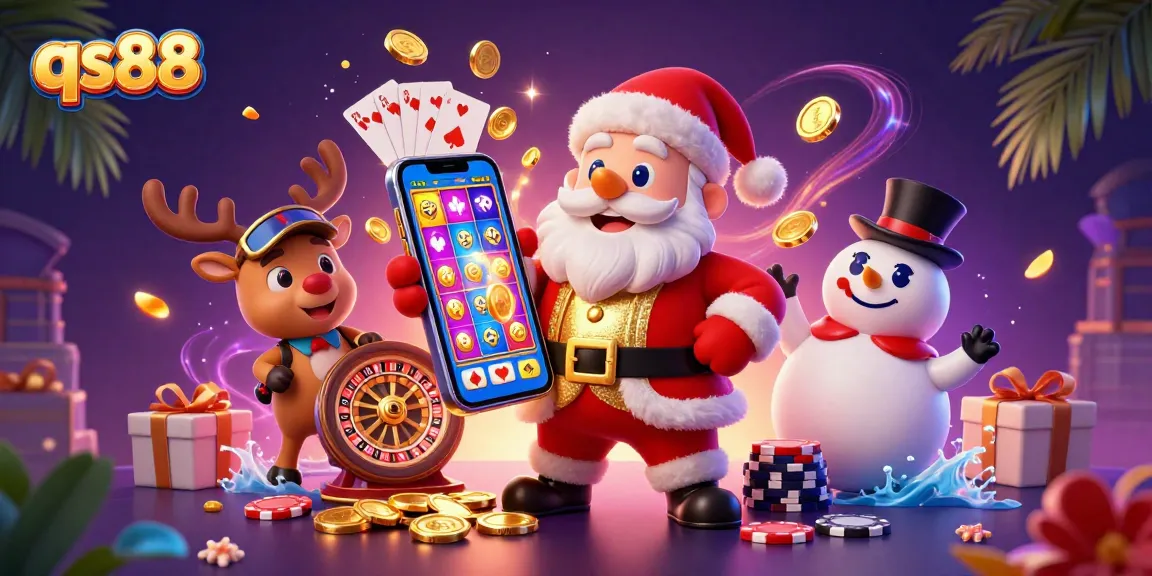 qs88 captures the festive spirit of gaming with Santa, his reindeer, and snowman enjoying dynamic slot games in a vibrant casino.