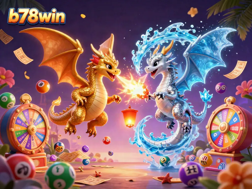 b78win offers vibrant lottery gaming action with dynamic illuminated dragons and colorful game elements.
