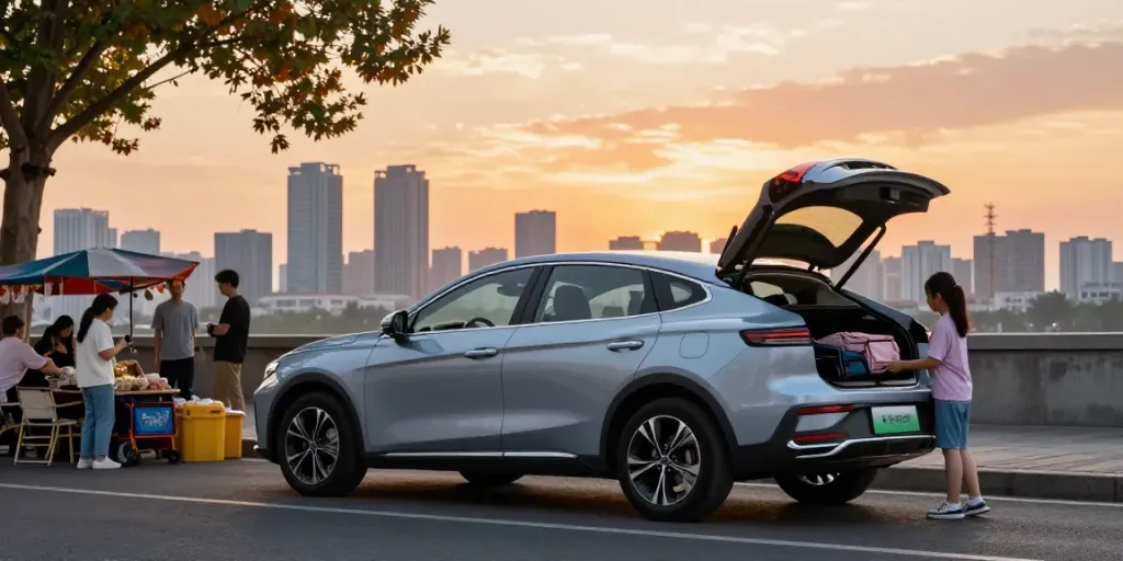 Noleggio lungo termine Geely in un contesto urbano, evidenziando il design moderno dell'auto e l'interazione familiare.