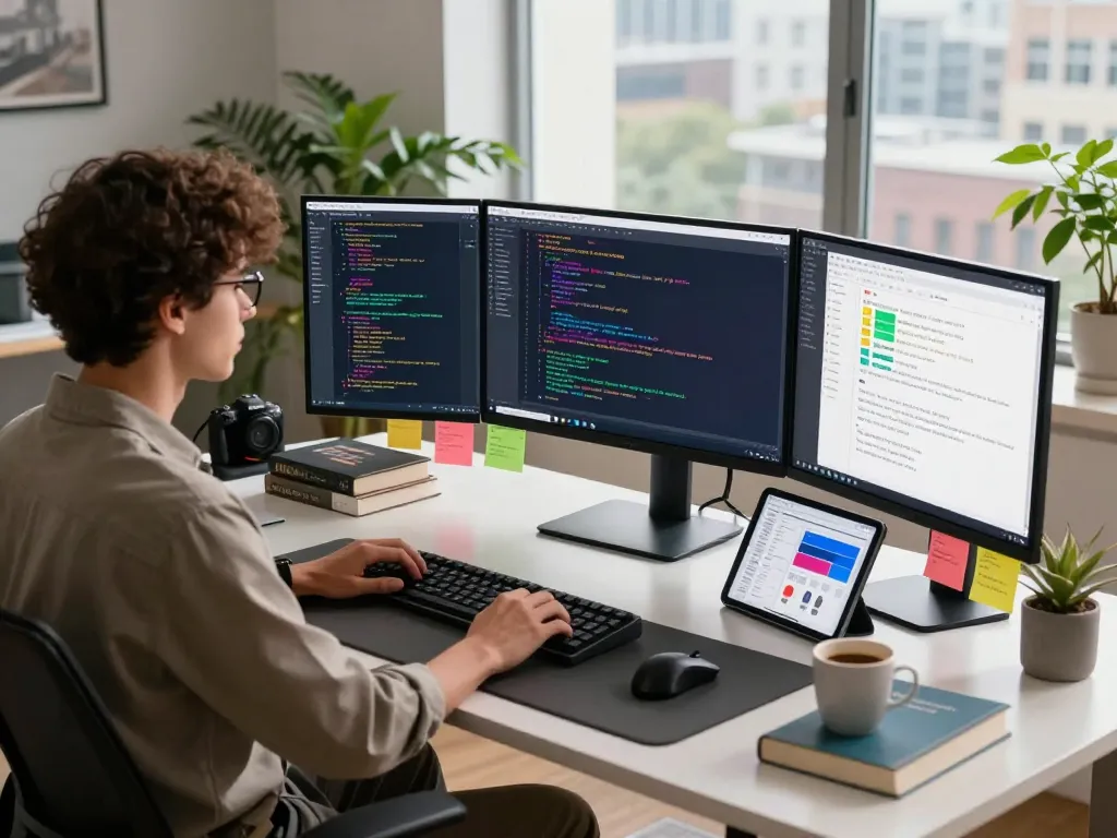 Developer utilizing Clawdbot AI at a modern workspace with multiple monitors and coding projects visible.