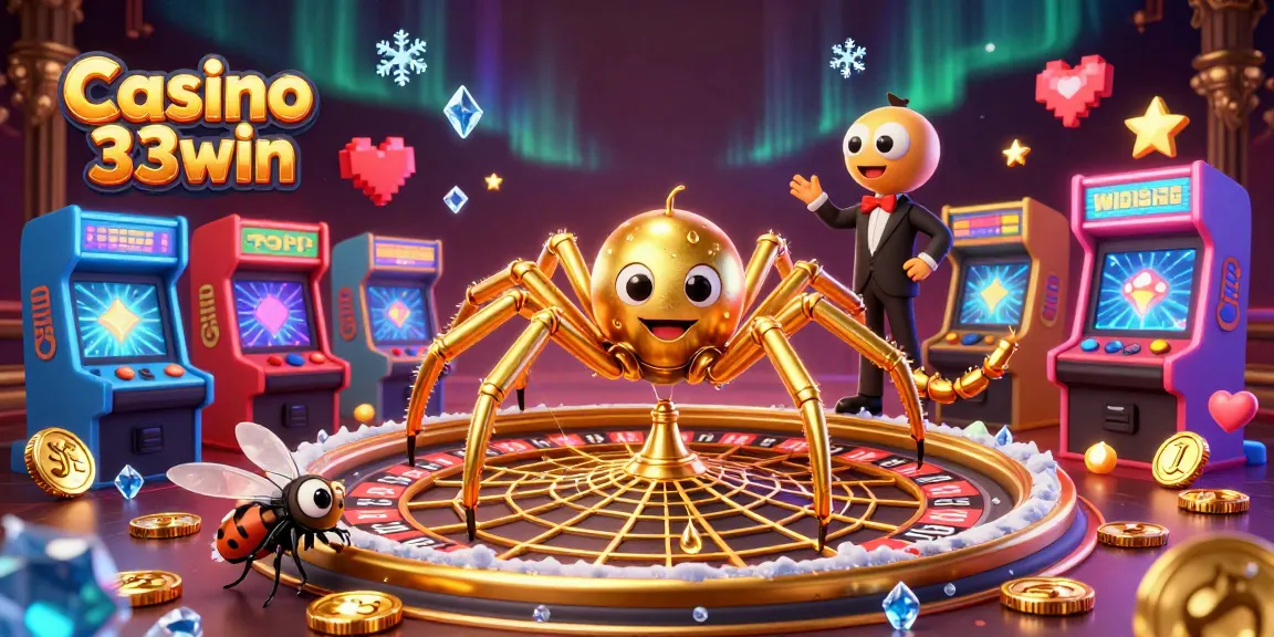 Engage in thrilling gameplay at Casino 33win with a captivating 3D illustration of a golden spider and animated casino elements.