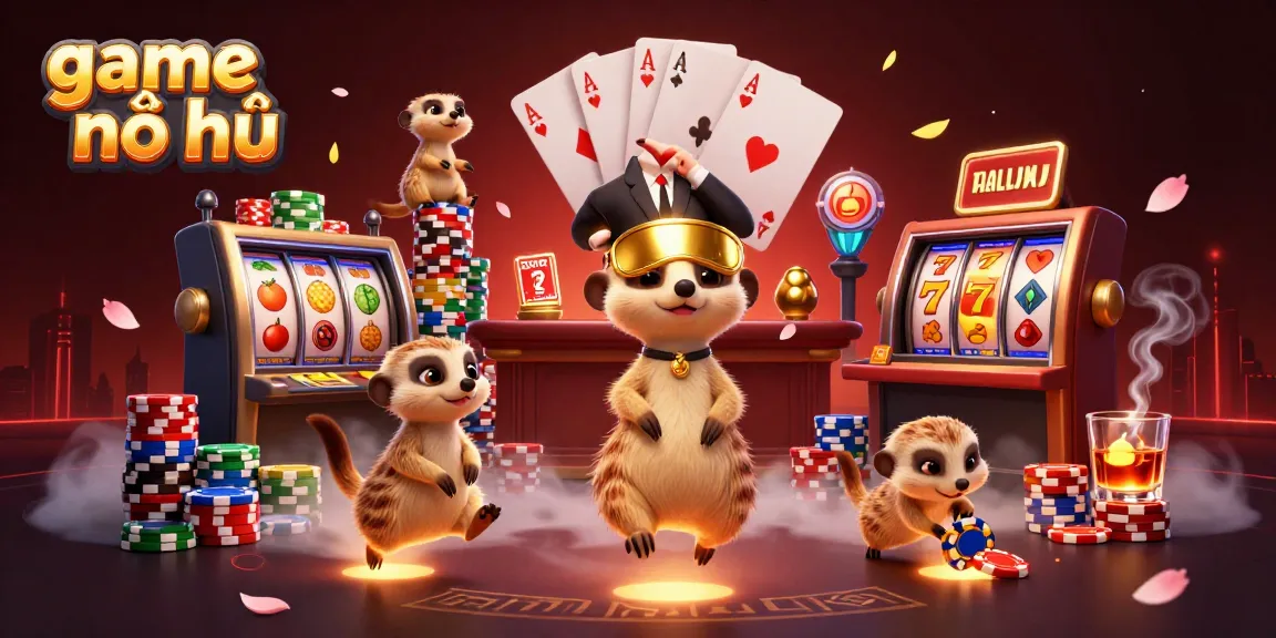 Excite your luck in the game nổ hũ with 3D cartoon meerkats managing a vibrant casino scene.