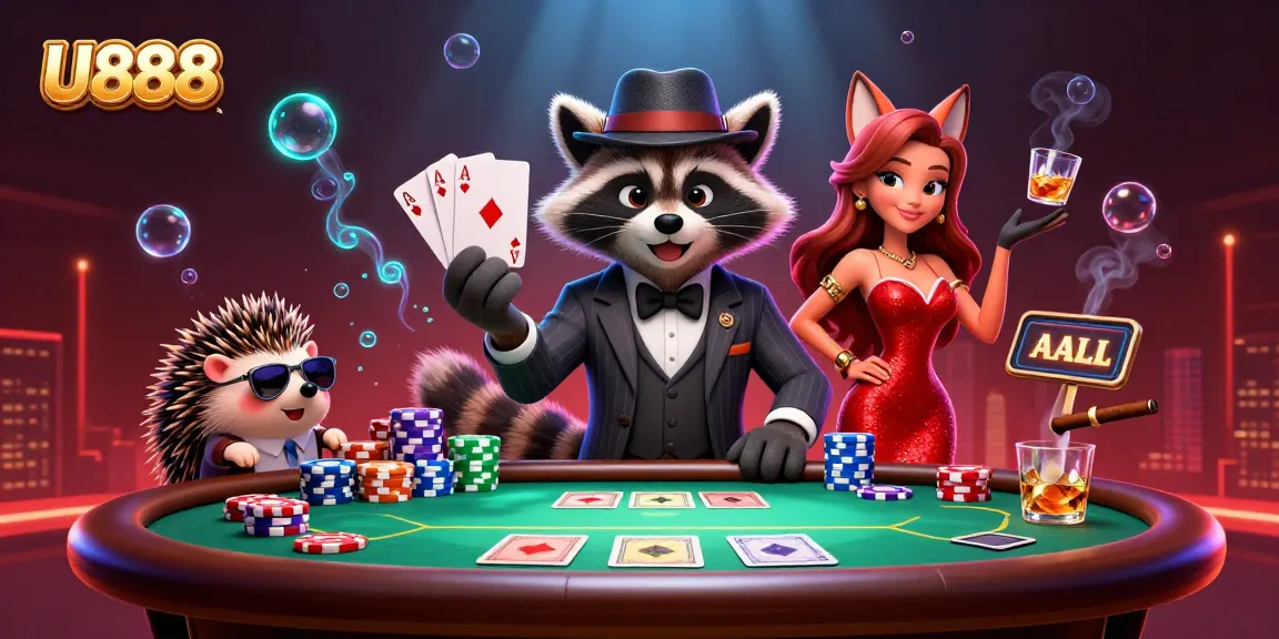 Experience U888 with a 3D raccoon and friends in a vibrant casino scene showcasing poker excitement.