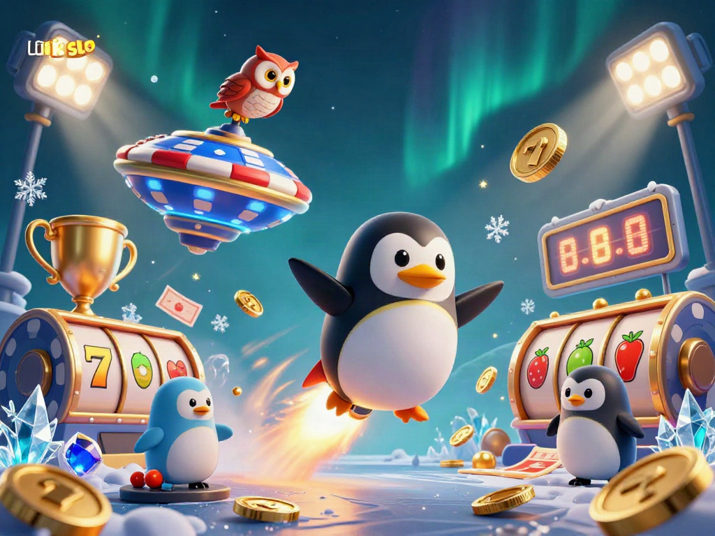 Engaging link slot experience with a golden penguin and dynamic slot elements creating excitement.