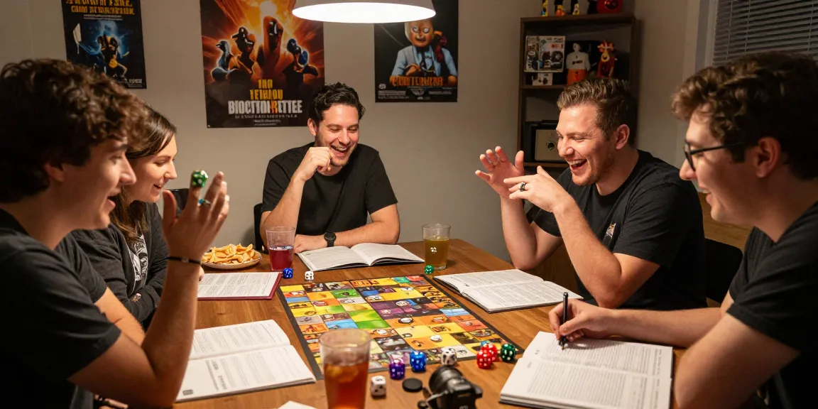 Friends enjoying gaming night with rokok88 tabletop game, dice, and snacks.
