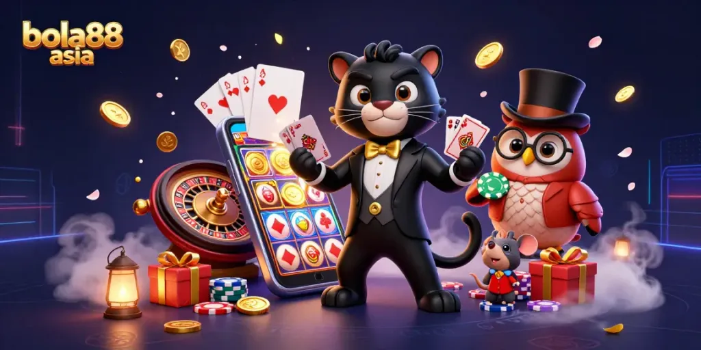 Experience excitement with bola88 asia as the stylish black panther elegantly deals cards in a vibrant casino.