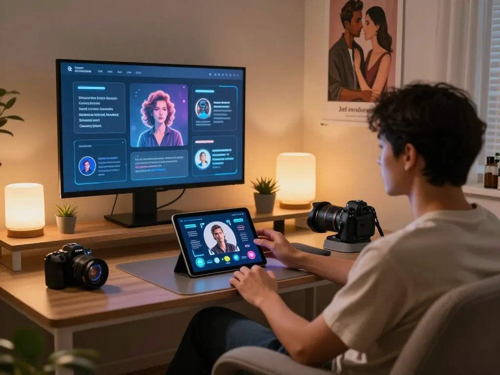 Person exploring ai sex technology for relationship enhancement in a cozy, tech-forward setting.