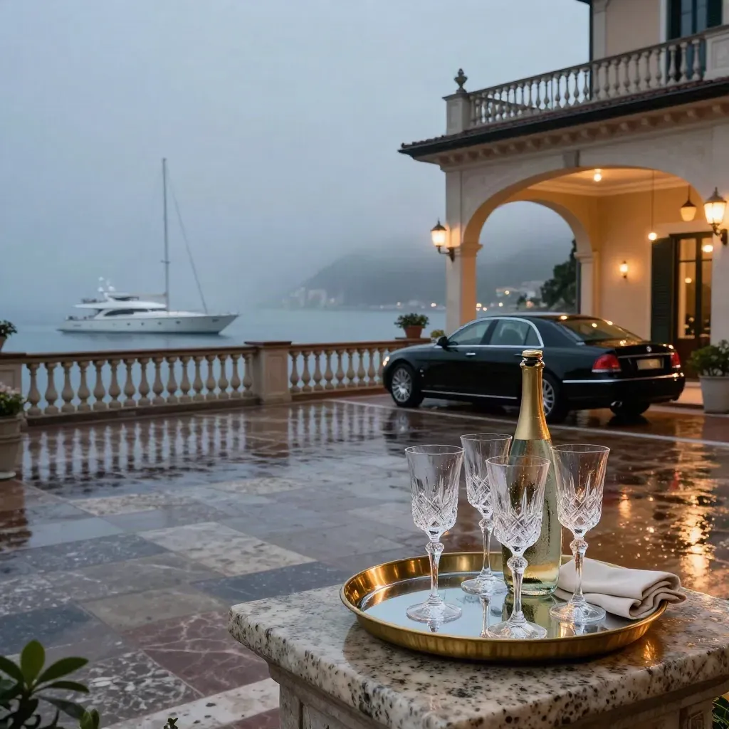 Terrazza di villa bagnata a Portofino con yacht, berlina nera e vassoio champagne al tramonto.