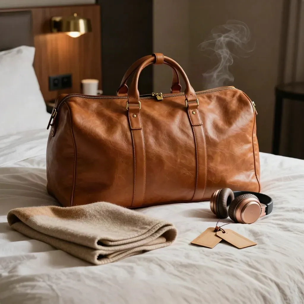 Kit viaggio in una suite: borsa in pelle, plaid cashmere, custodia cuffie e etichette bagagli