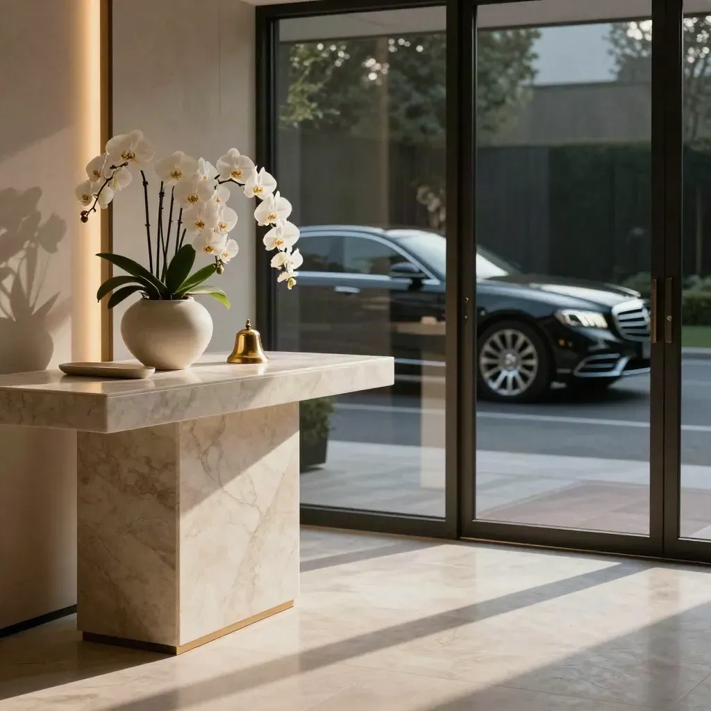 Ingresso di villa con console in marmo, orchidee bianche, campanello in ottone e auto riflessa nel vetro.