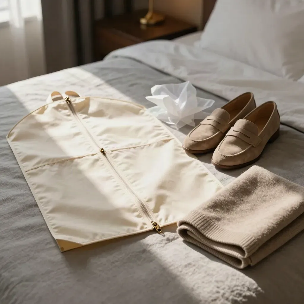 Set di acquisti di lusso su letto di suite: mocassini, seta e cashmere pronti per la consegna.