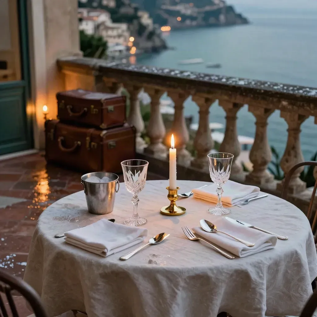 Terrazza di Portofino al tramonto, tavolo apparecchiato, valigie pronte e porto che brilla sotto.