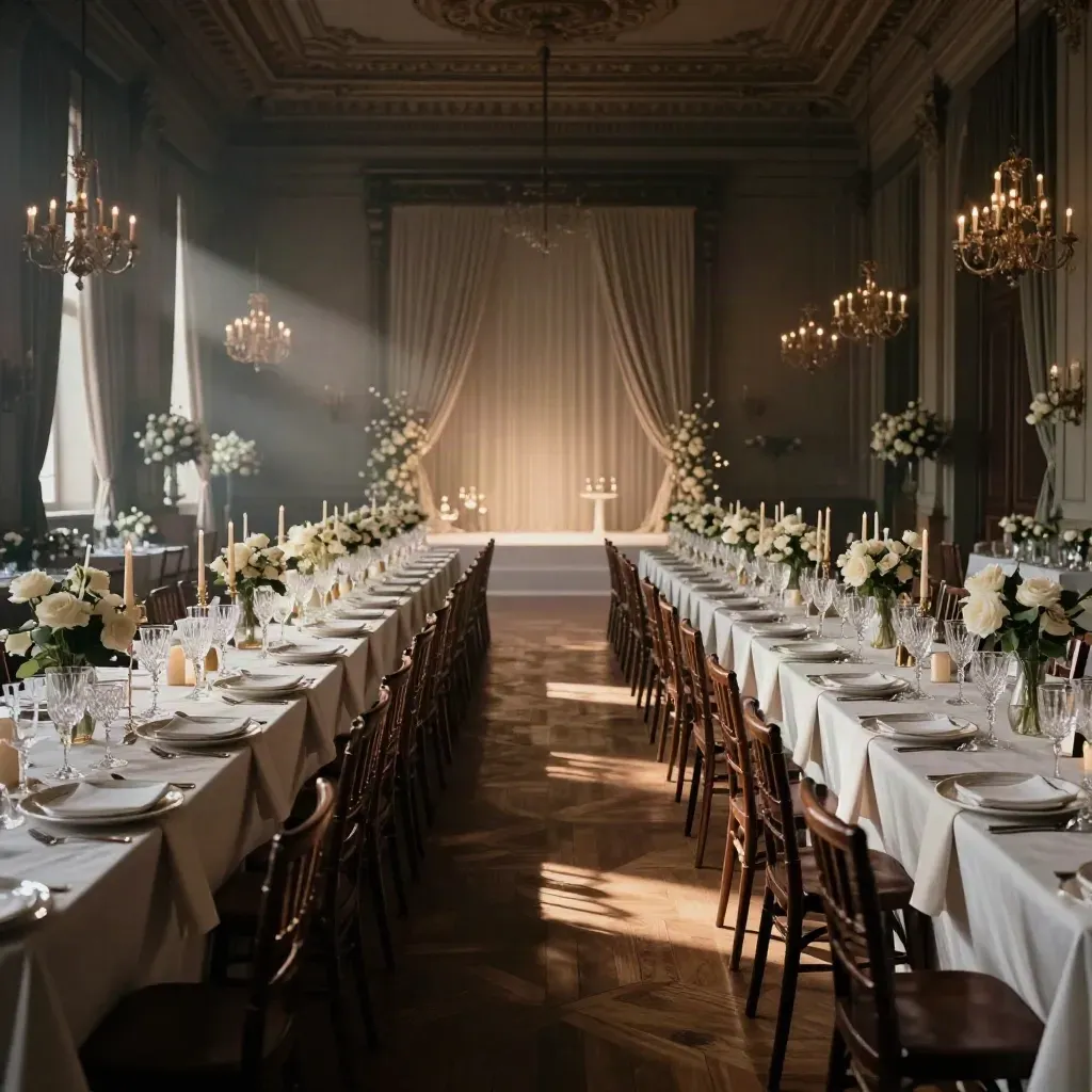 Sala da ballo milanese allestita per un gala, tavoli di cristallo, candele e fiori bassi