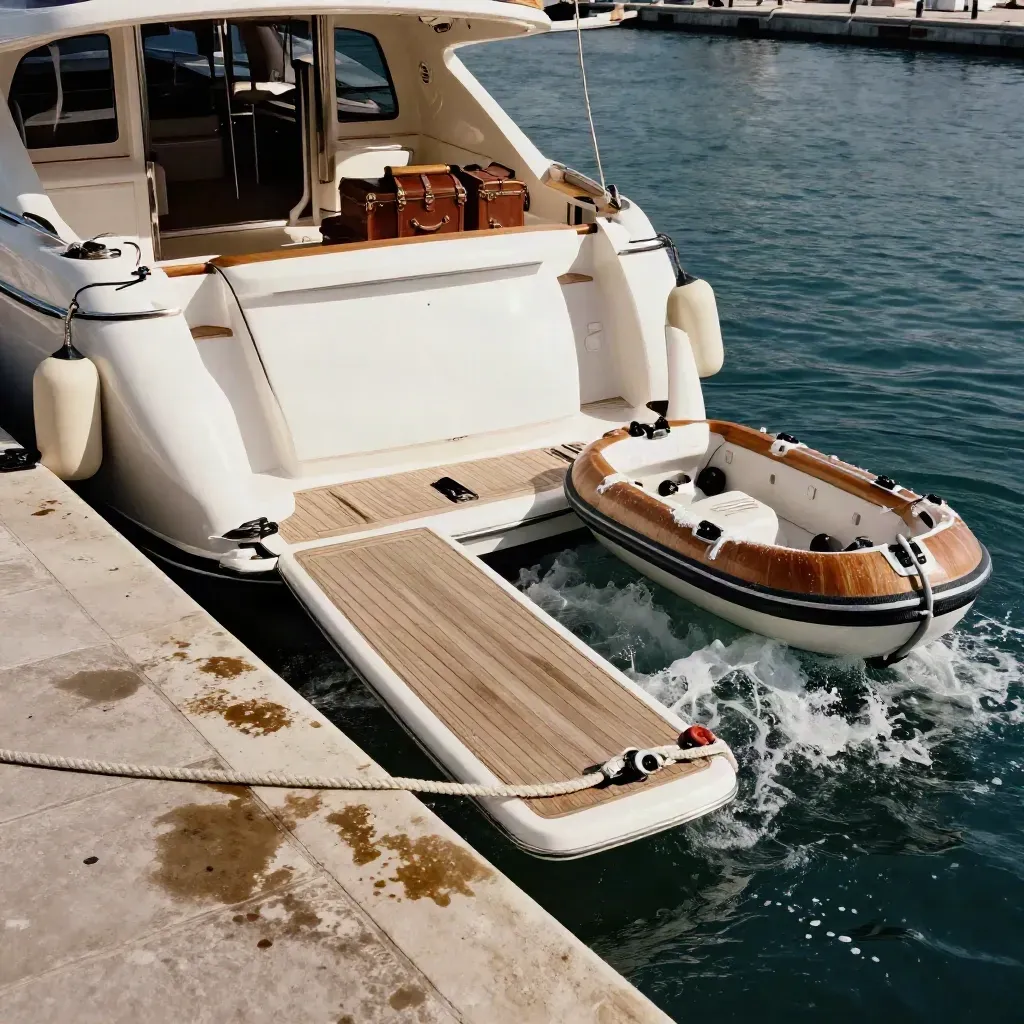 Yacht di lusso ormeggiato a Capri con passerella abbassata, fender e tender accanto.