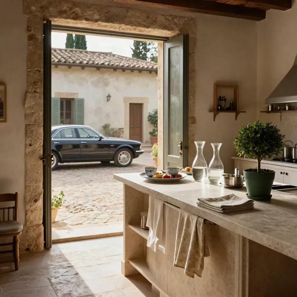 Cucina di villa toscana con colazione pronta e auto nel cortile