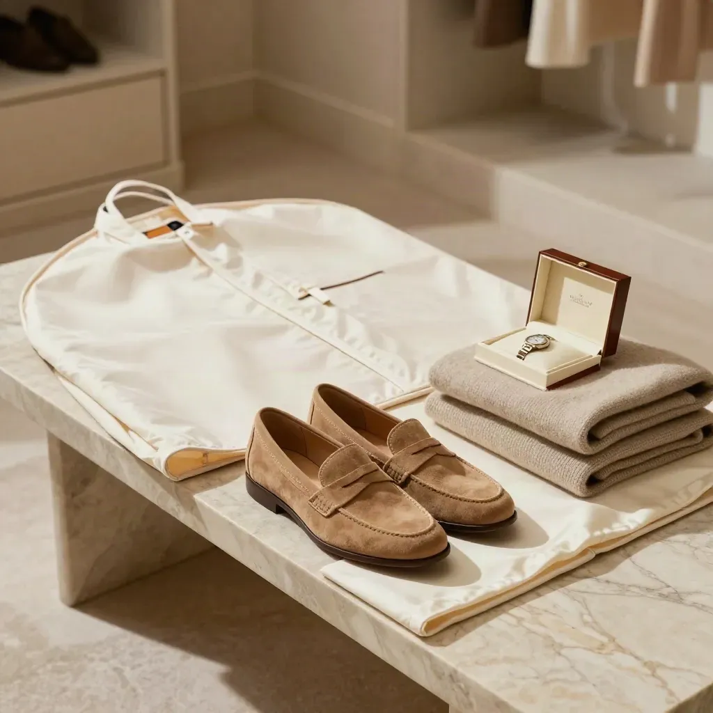 Panca di marmo con guardaroba estivo consegnato: mocassini in suede, maglie piegate e watch box.