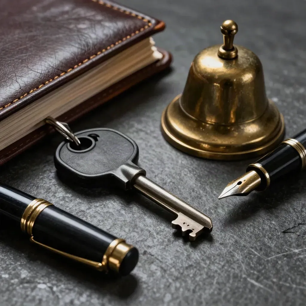 Chiave concierge nera, campanello in ottone, cartella in pelle e pennino su pietra scura.