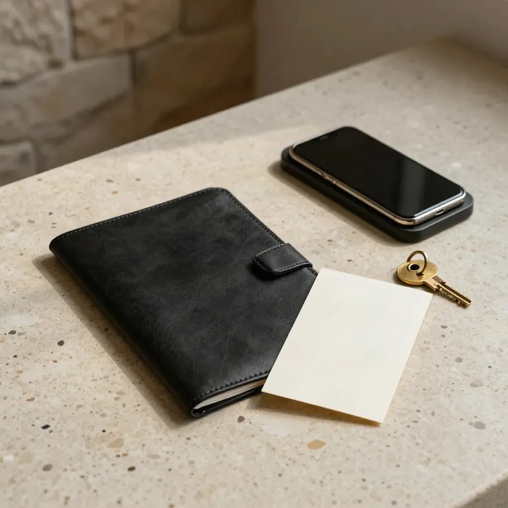 Folio nero, card avorio, portachiavi in ottone e dock per telefono su travertino.