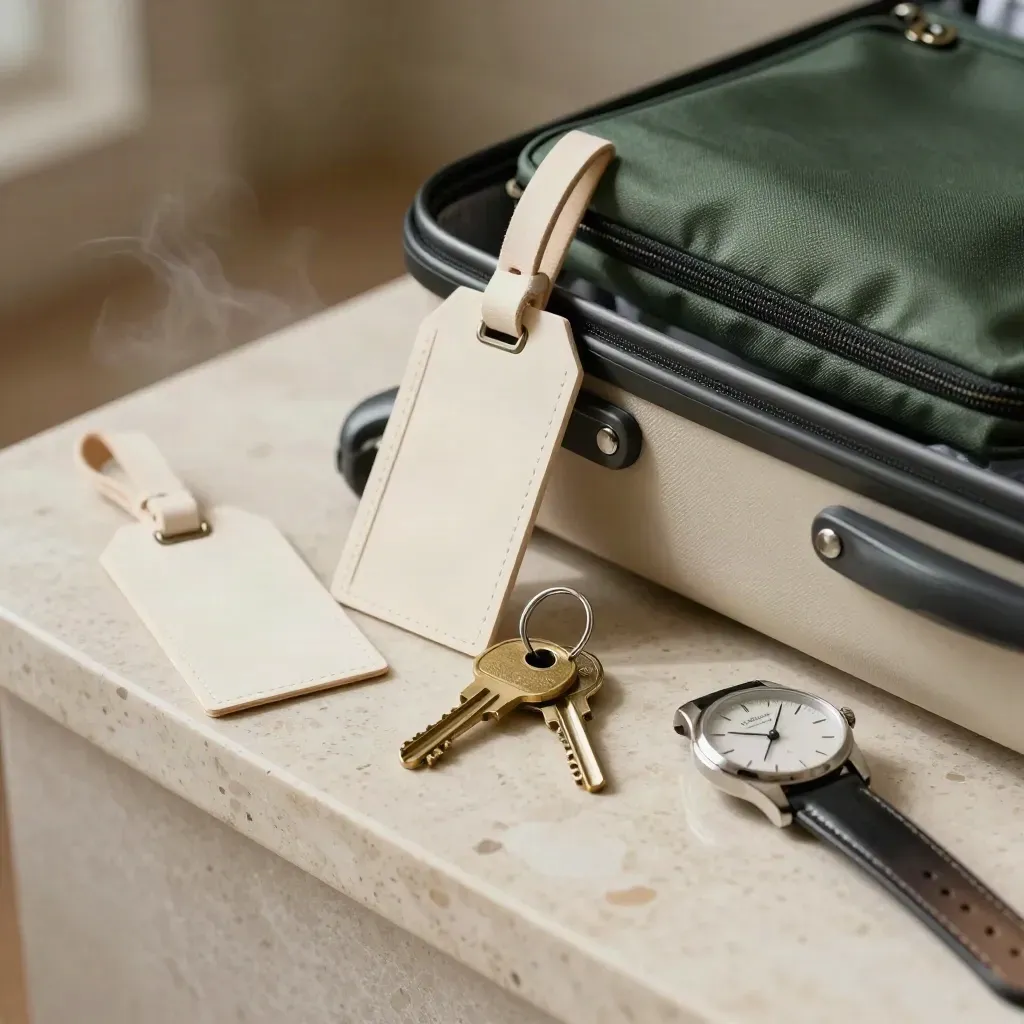 Valigia aperta con etichette, chiavi, orologio e pouch verde bosco su fondo chiaro.