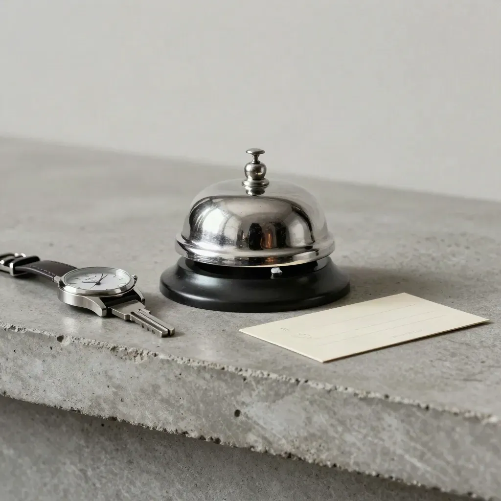 Campanello in argento, chiavi allineate, orologio e card sigillata su pietra.