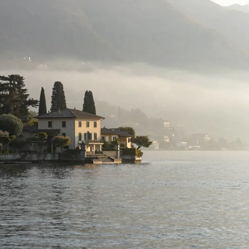 Lago di Como all’alba con villa terrazzata, acqua calma e nebbia chiara.