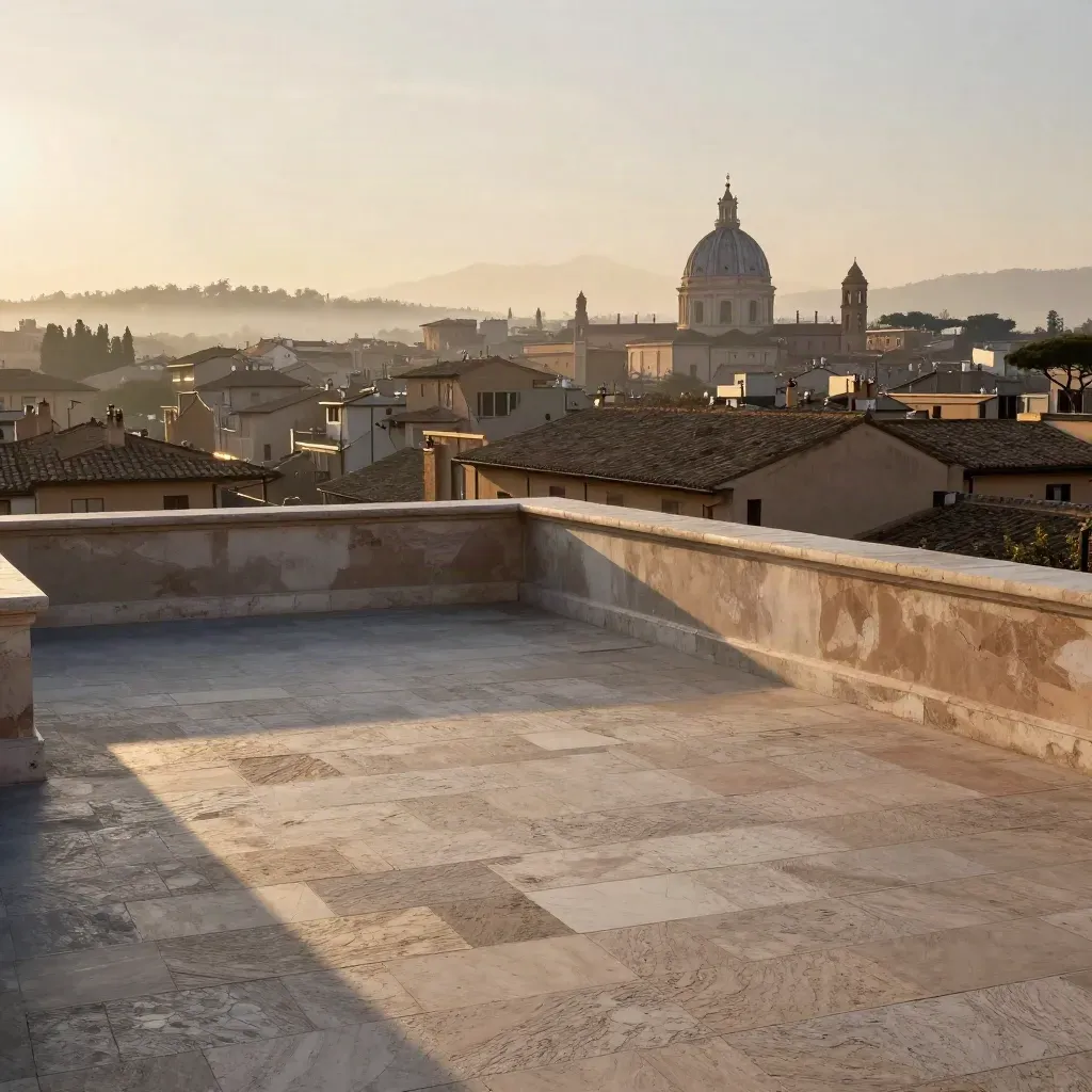 Roma all’alba con tetti in travertino e cupole sopra una terrazza tranquilla.