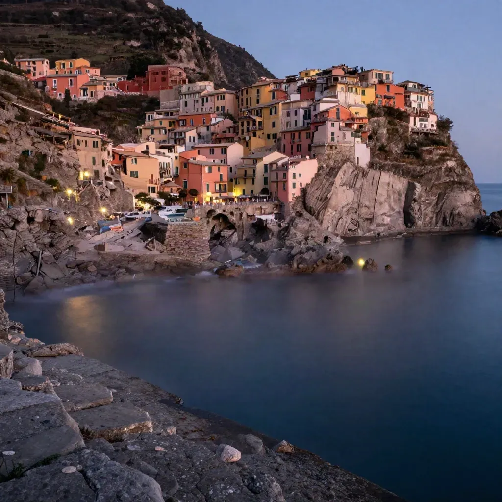 Costa ligure al crepuscolo con scogliere terrazzate, porto e mare calmo nella foschia.