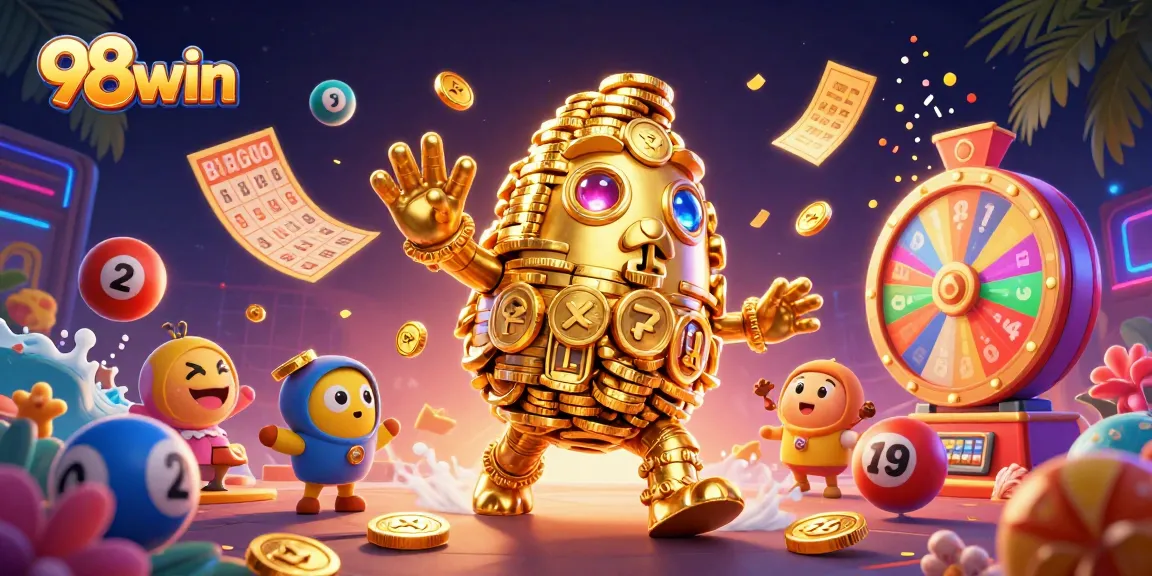 Engage with 98win's dynamic 3D casino illustration featuring a golden golem and vibrant lottery elements.