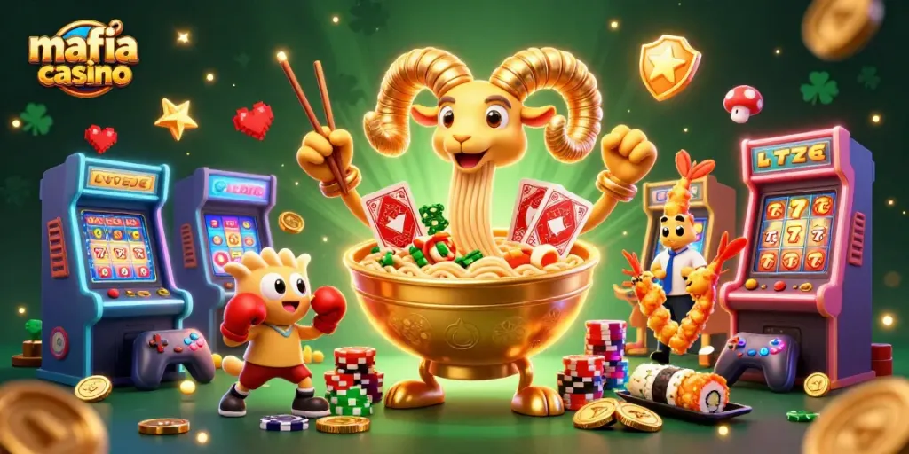 Mafia casino illustration featuring a giant golden ramen bowl dealer, surrounded by slot machines and colorful game elements.