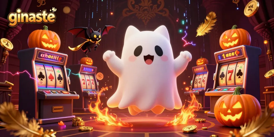 Engage in thrilling gameplay at ginaste with a ghost cat, vampire bat, and glowing jack-o-lanterns in a haunted casino.