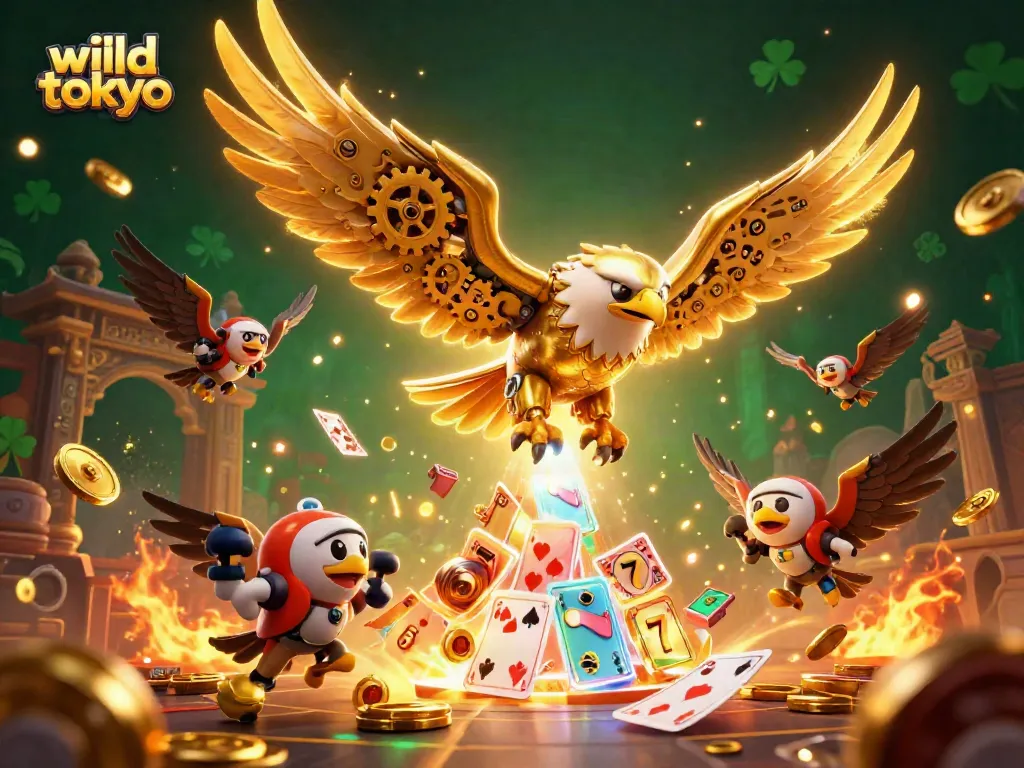 Experience wild tokyo with a golden eagle soaring through slot reels and stunning casino elements.