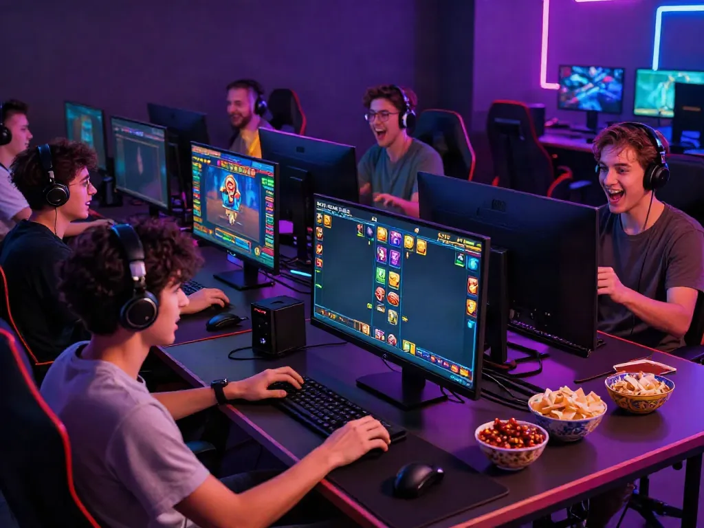 Players enjoying rokok88 online slot game in a vibrant gaming room