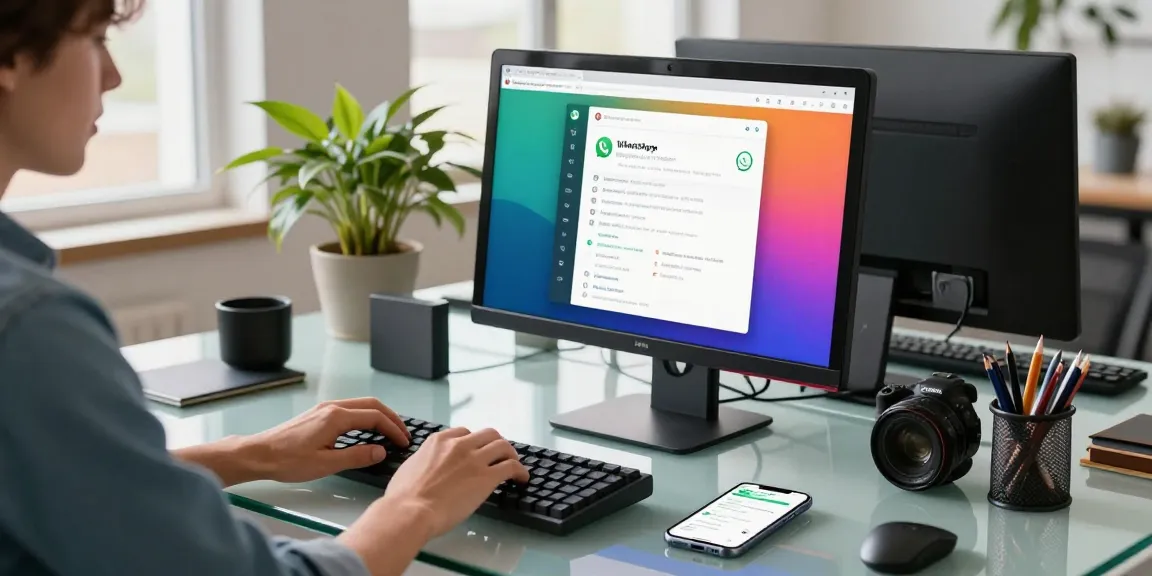 User engaged with WhatsApp網頁版 on a desktop in a modern workspace, showcasing communication technology.