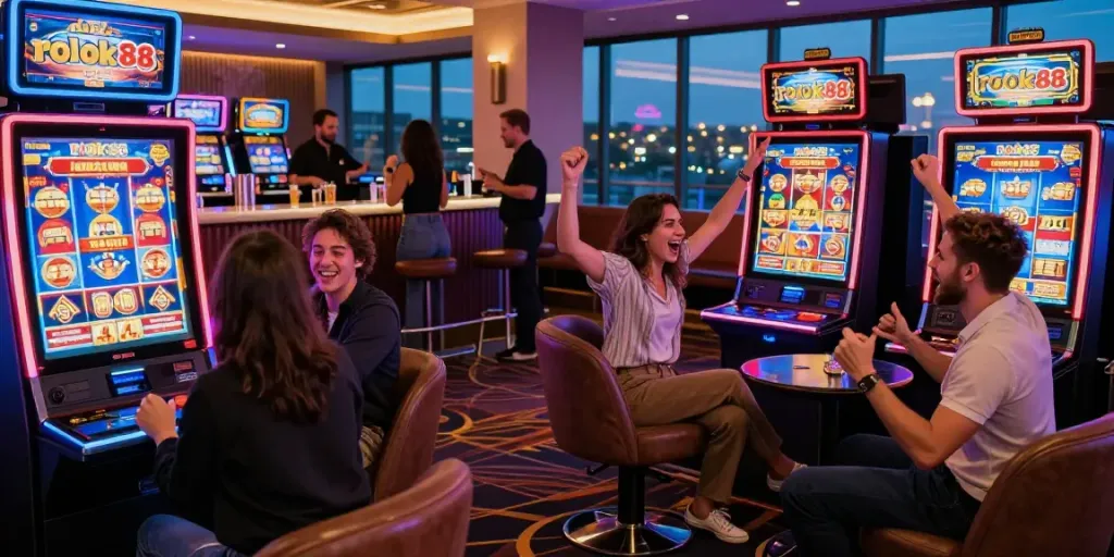 Enjoying the rokok88 slot login experience in a vibrant casino lounge with friends.