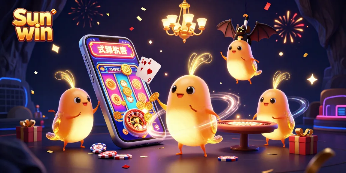 Sun win illuminating a vibrant casino scene with colorful slots and dazzling elements in a dynamic whimsical illustration.