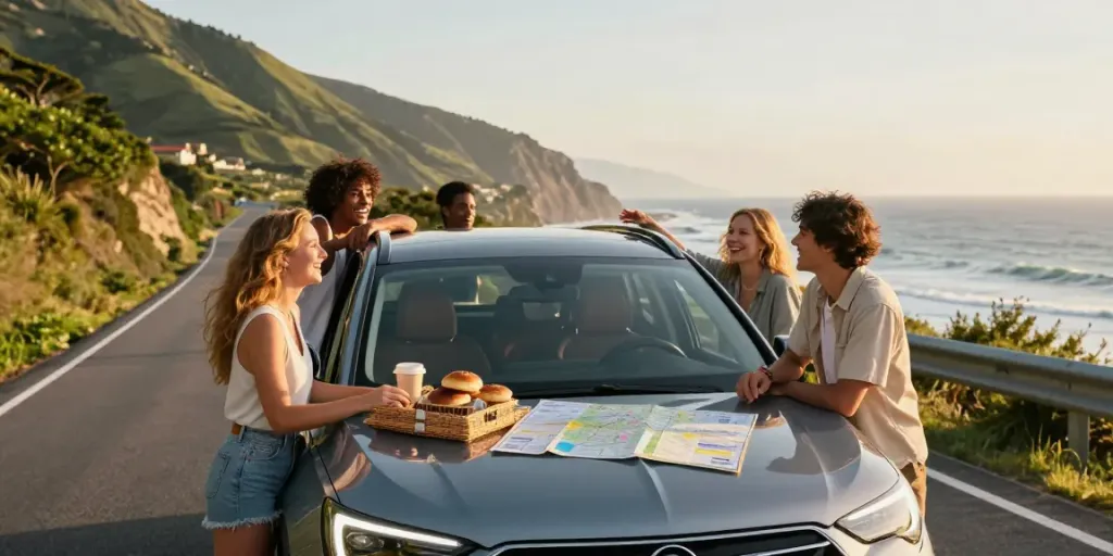 Noleggio lungo termine Opel: amici in viaggio con un'auto Opel su una strada costiera, atmosfera di avventura