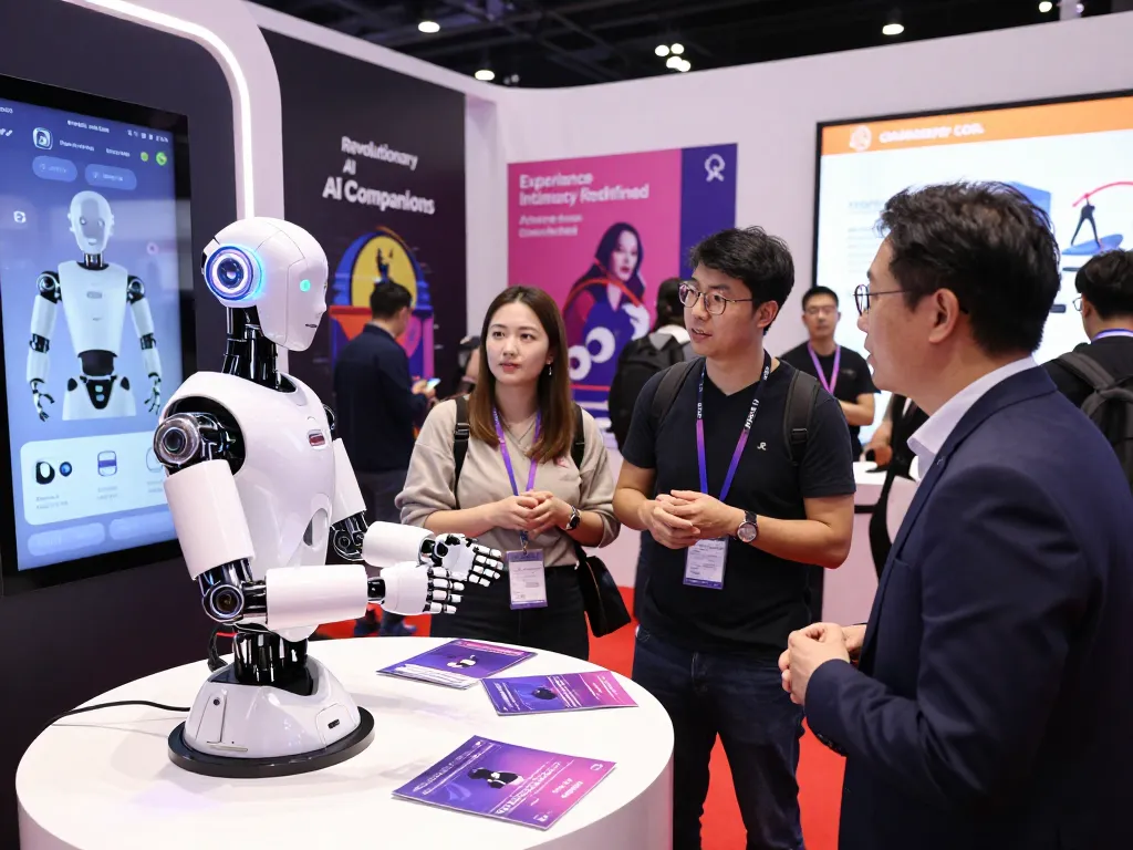 Interactive sex bot demonstration at a technology expo showcasing intimate AI companionship innovations.