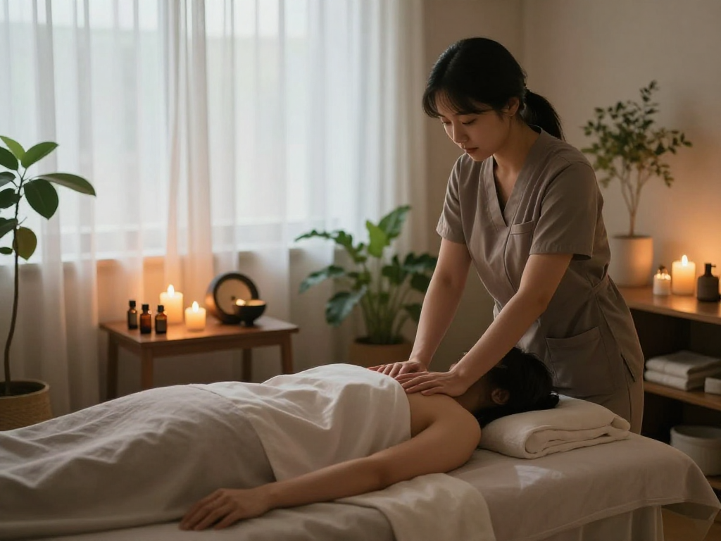 Serene 성남출장마사지 experience at home with a professional therapist creating a relaxing atmosphere.